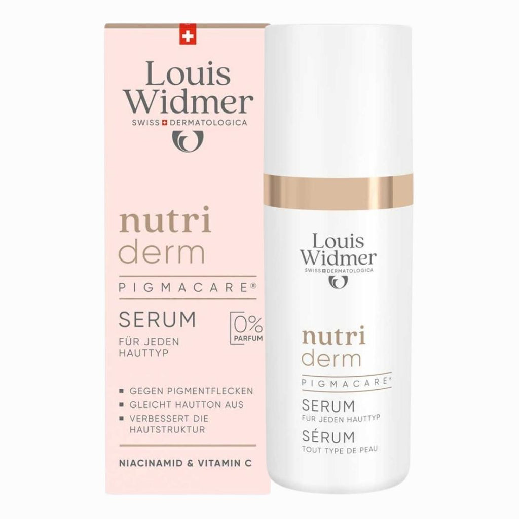 Packaging of Louis Widmer Pigmacare Skin Tone Balance Unscented serum, showing the bottle and box with product details in German.