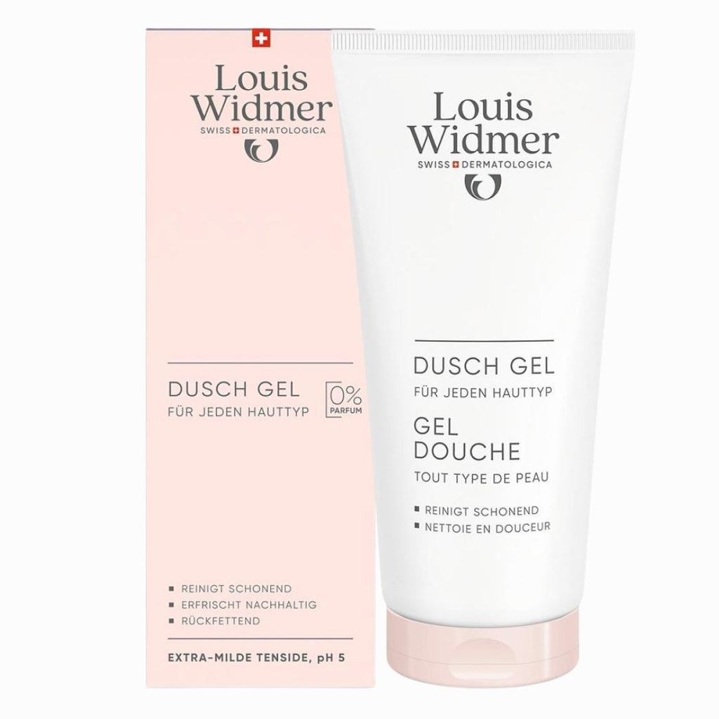 Louis Widmer shower gel in a white tube with a pink cap, labeled as 'Dusch Gel' with text indicating it's suitable for all skin types and is extra mild with a pH of 5.