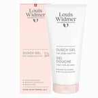 Louis Widmer shower gel in a white tube with a pink cap, labeled as 'Dusch Gel' with text indicating it's suitable for all skin types and is extra mild with a pH of 5.