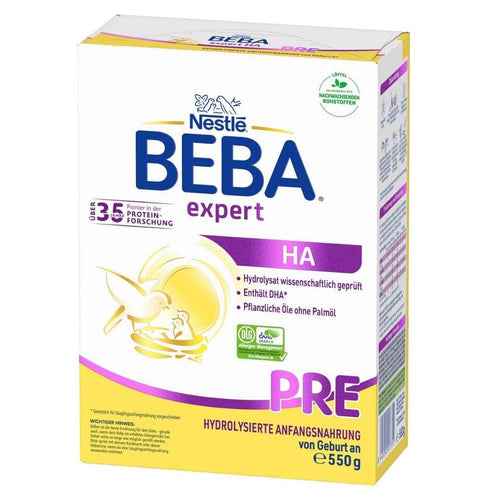 Packaging of BEBA Expert HA baby formula by Nestle, featuring 550g size, hydrolyzed protein, and DHA from algae oil as key benefits.