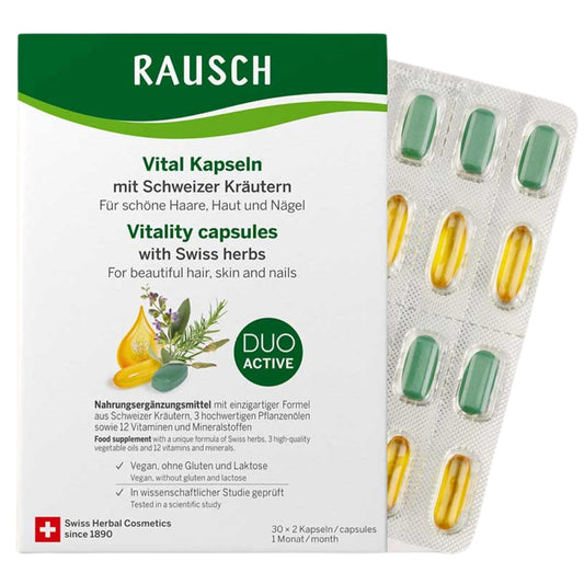 Package of Rausch Vitality Capsules with Swiss herbs for beautiful hair, skin, and nails - showing the carton box and the blister pack with the capsules sliding out slightly.