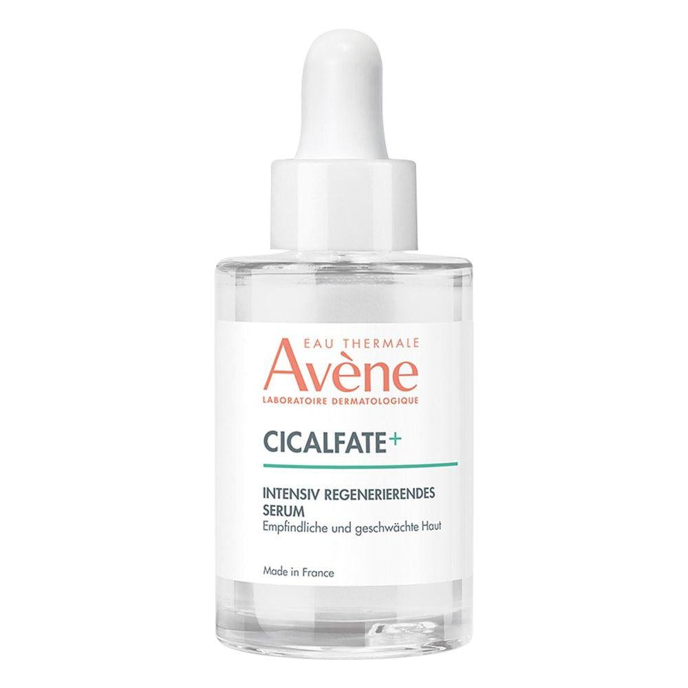 A bottle of Avene Cicalfate+ Regenerating Serum with a white dropper, labeled with the brand and product information.