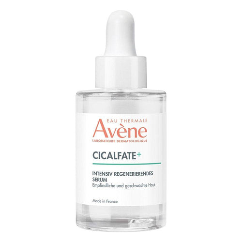 A bottle of Avene Cicalfate+ Regenerating Serum with a white dropper, labeled with the brand and product information.