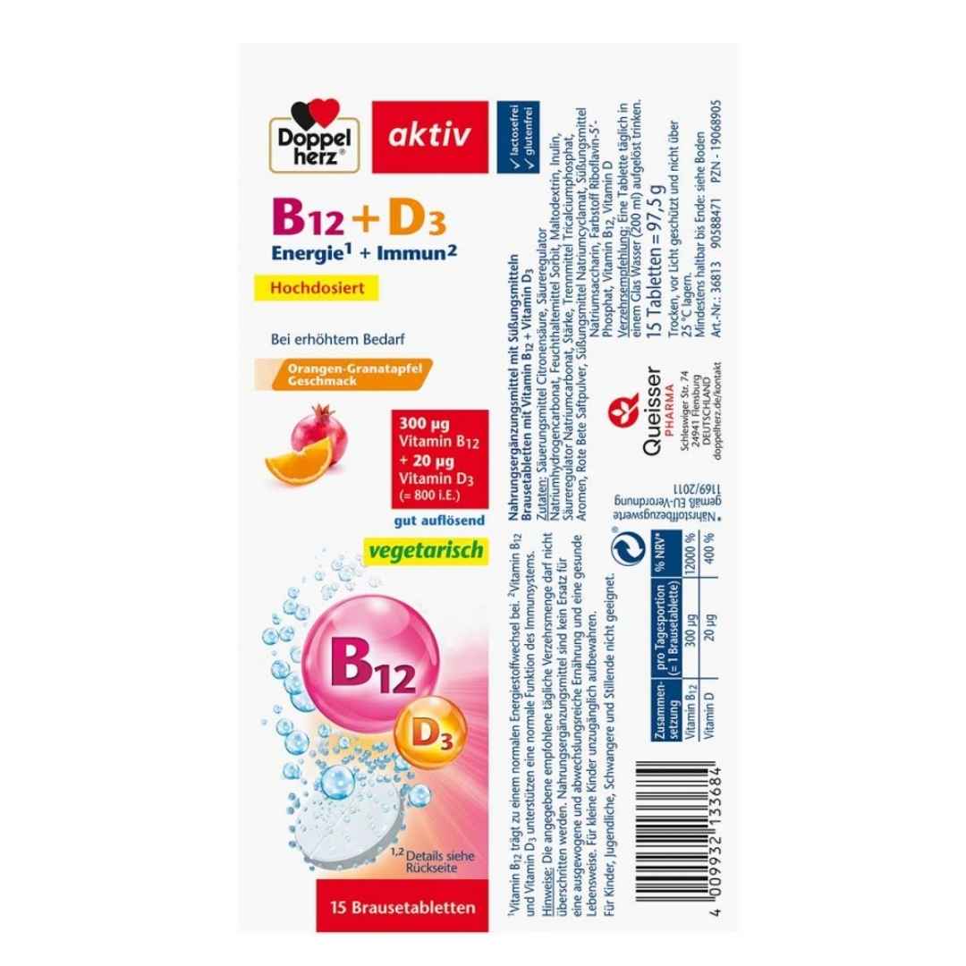 <tc>Doppelherz</tc> Comprimidos efervescentes de vitamina B12 + D3 activa 15 comprimidos