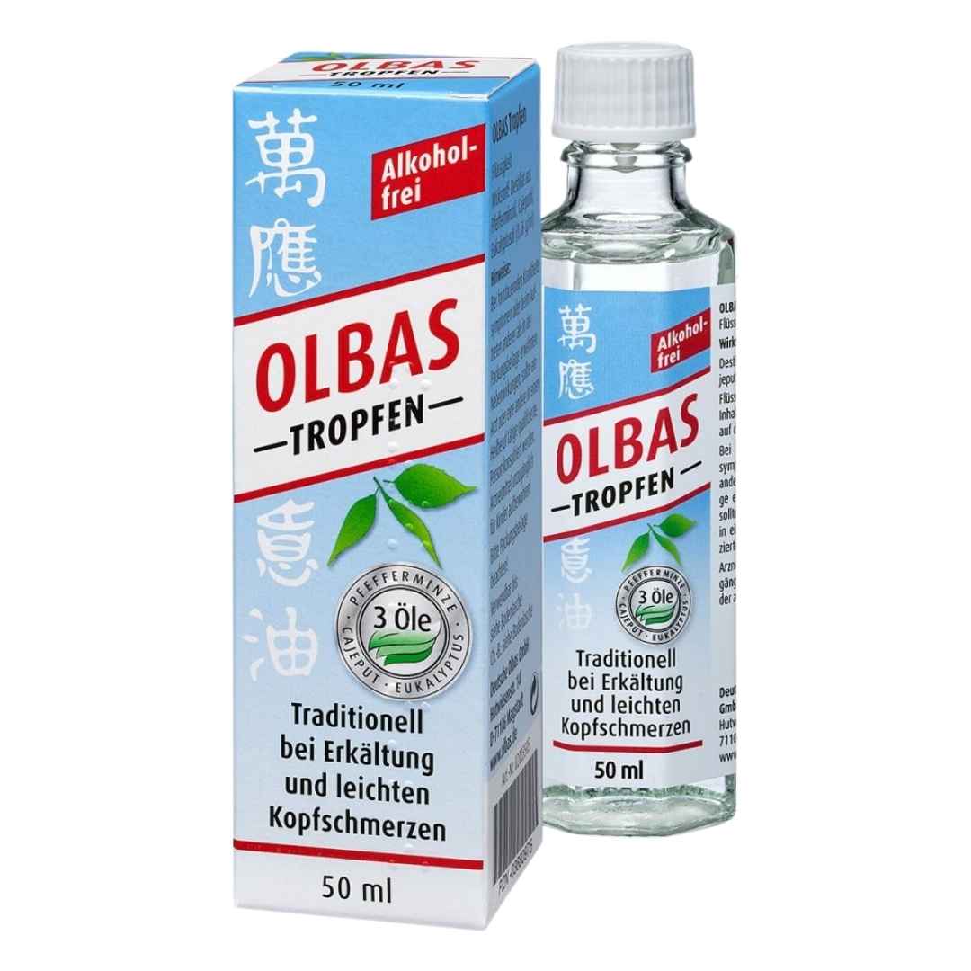 A bottle of Olbas Drops 50 ml with peppermint oil, cajeput oil, and eucalyptus oil for cold and headache relief.