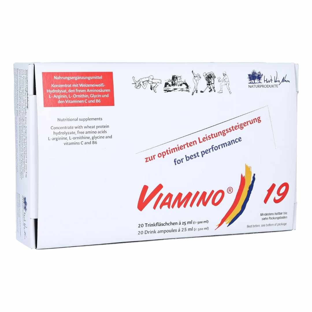 Viamino 19 Drinking Bottles for performance. Essential amino acids as building blocks of life. With 20 drinking ampoules of 25 ml each