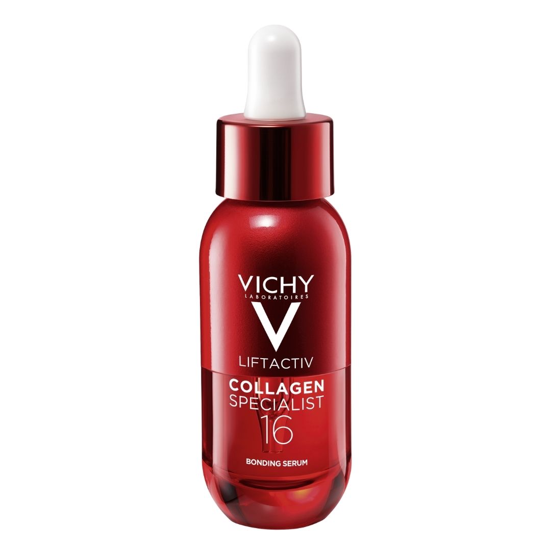 developed from 25 years of Vichy collagen research,&nbsp;stimulates all collagen families&nbsp;and&nbsp;thus reduces 16 signs of skin aging:&nbsp;wrinkles, fine lines, firmness, plumping, loss of volume, smoothed skin, refined texture, defined contours, firmed skin, strengthening of the skin barrier, cell renewal, radiance, suppleness, elasticity, moisture, evenness.