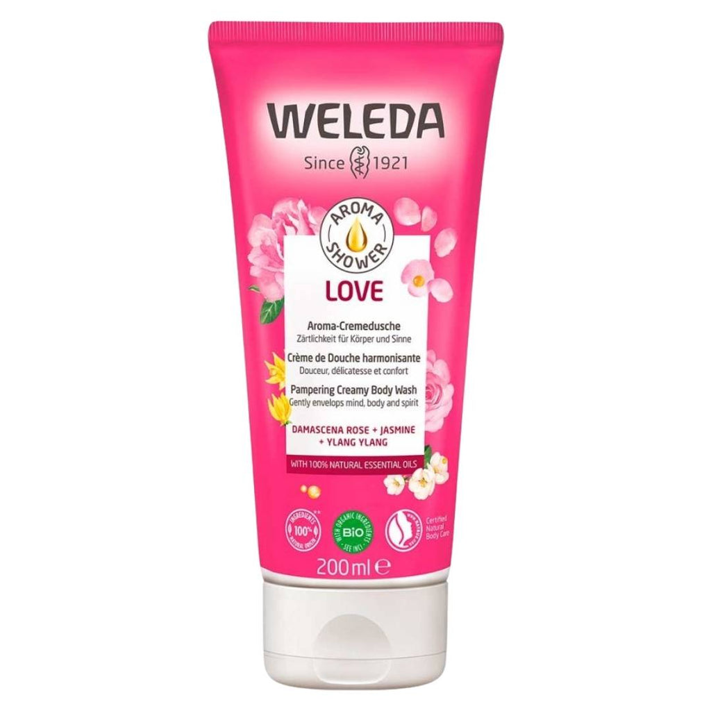 The Weleda Aroma Shower Love organic creamy bodywash pampers your senses with a fragrance with Damascus rose, jasmine and ylang-ylang. buy at VicNic.com