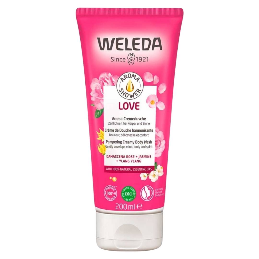 The Weleda Aroma Shower Love organic creamy bodywash pampers your senses with a fragrance with Damascus rose, jasmine and ylang-ylang. buy at VicNic.com
