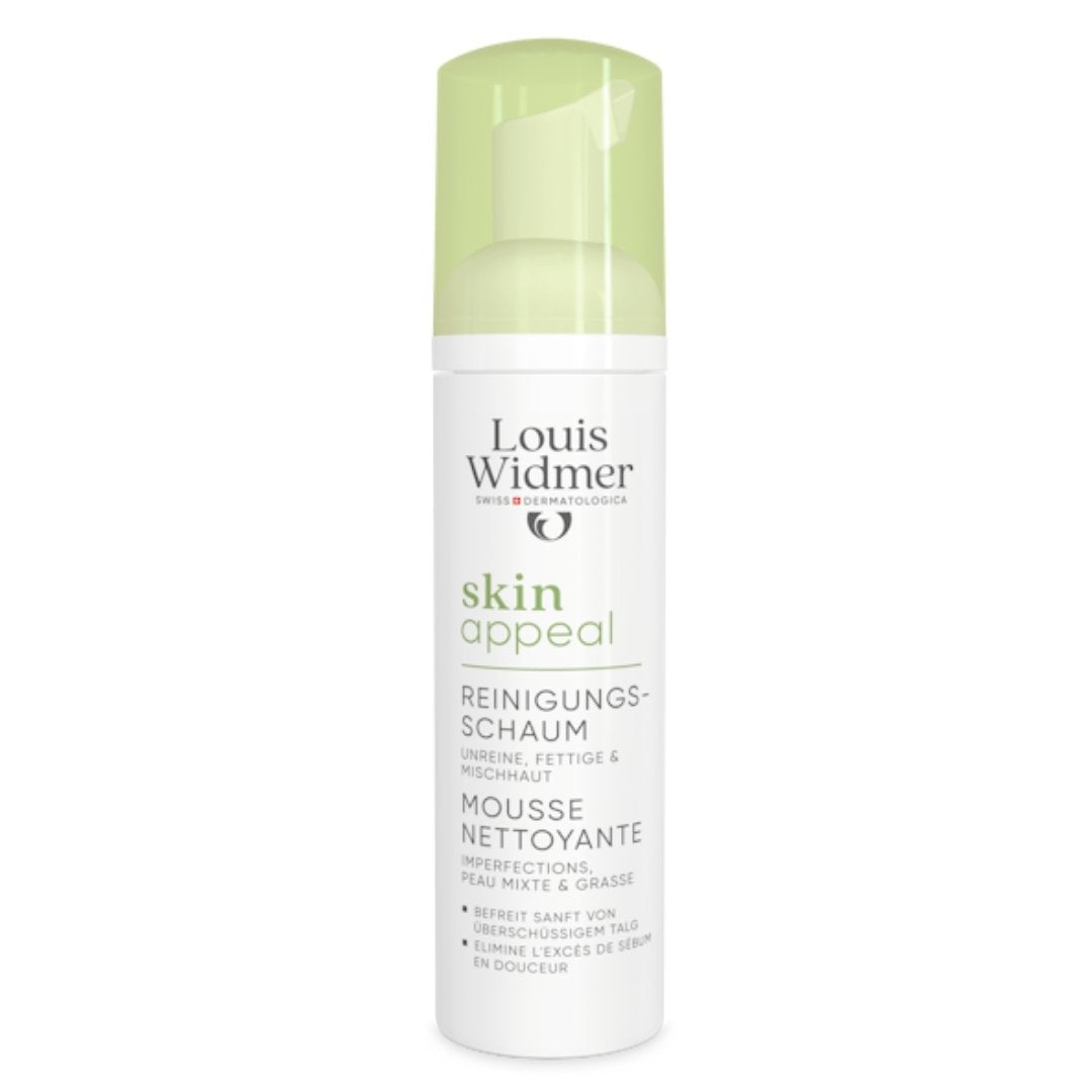 A pump bottle of Louis Widmer SkinAppeal Cleansing Foam, non-scented, 150 ml, with product information in German and English.