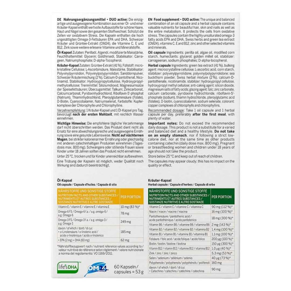 Back of the Rausch package showing the product description: The unique and balanced combination of an oil capsule and a herbal capsule contains valuable nutrients for beautiful skin, hair and nails as well as the entire metabolism.