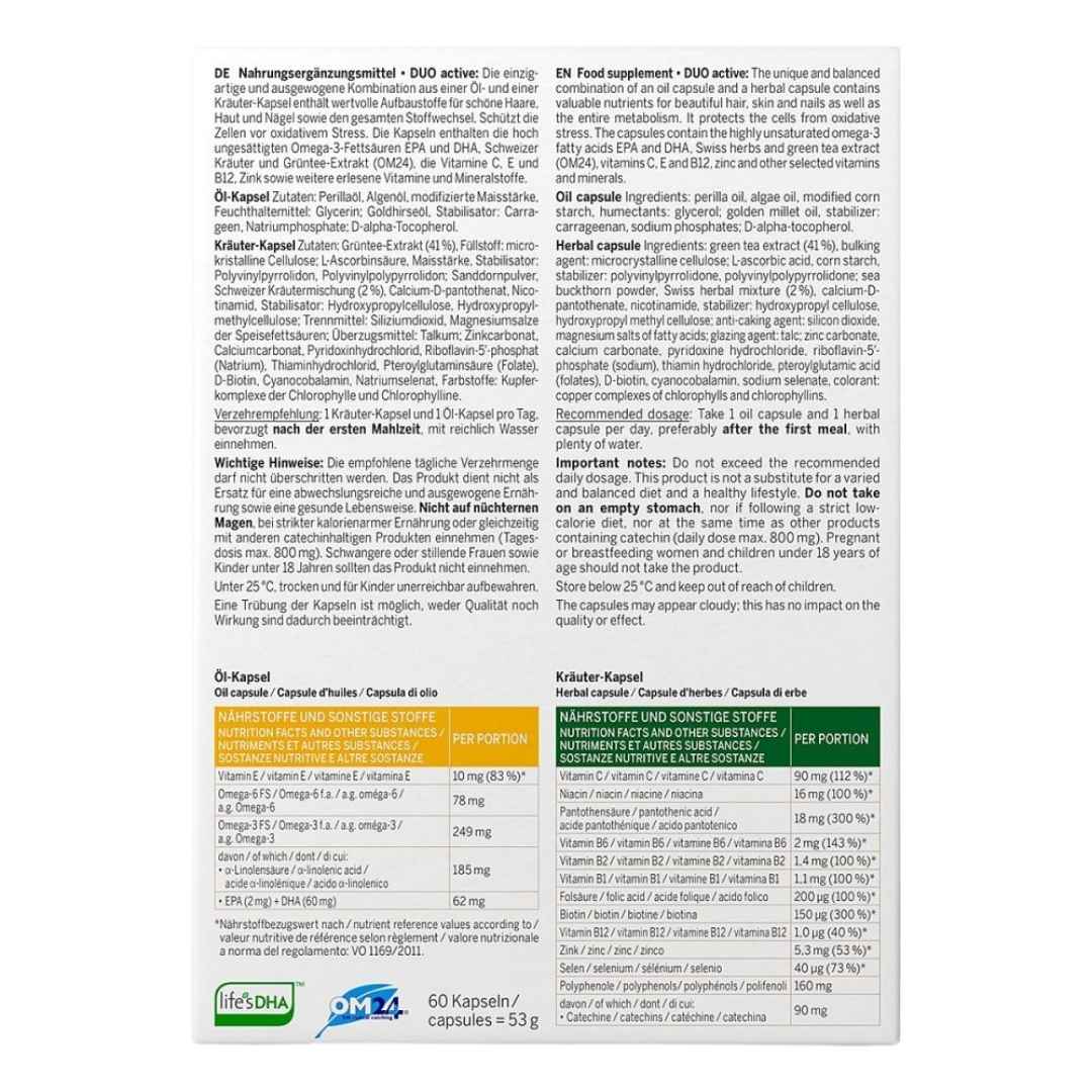 Back of the Rausch package showing the product description: The unique and balanced combination of an oil capsule and a herbal capsule contains valuable nutrients for beautiful skin, hair and nails as well as the entire metabolism.