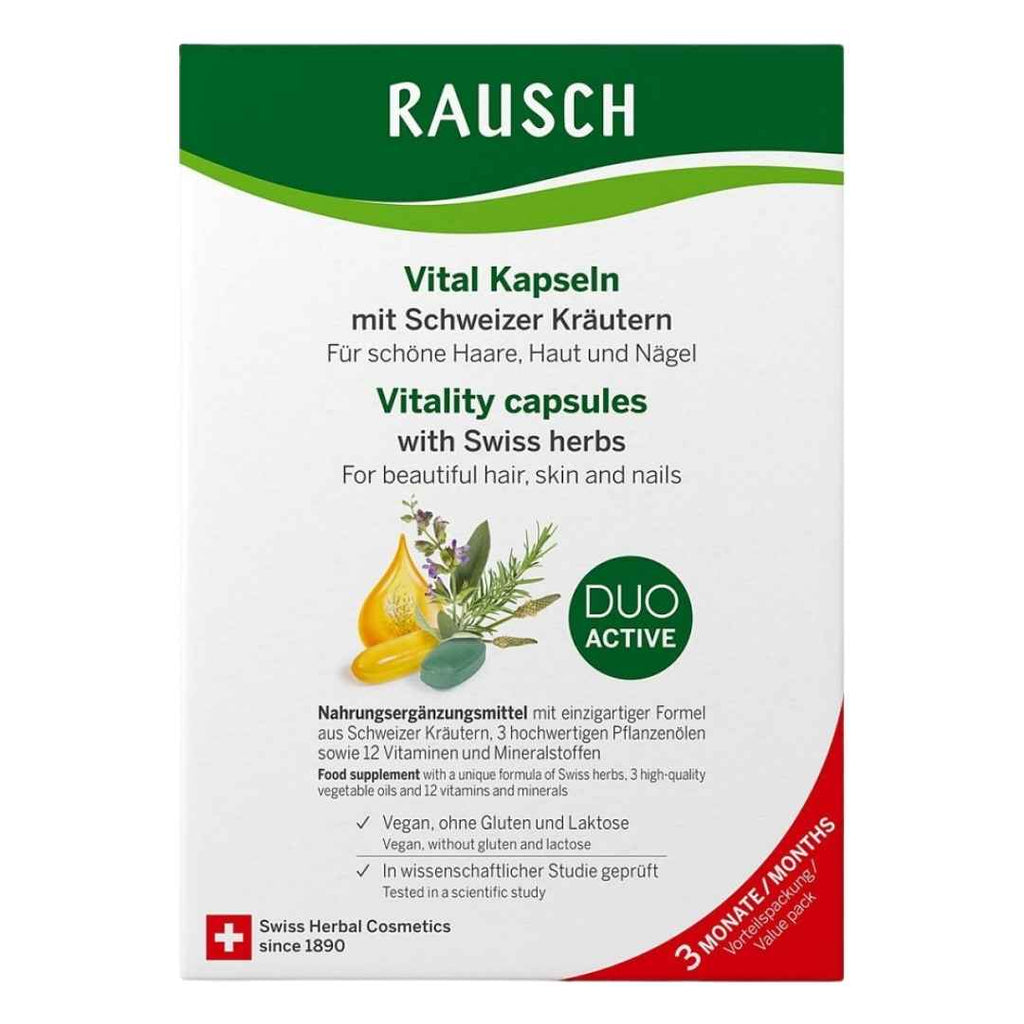 3 Months package of Rausch Hair capsules - a supplement with a unique formula of Swiss herbs 3 high-quality vegetable oils and 12 vitamins and minerals
