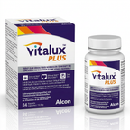 Vitalux Plus supplement packaging shown on a clean white background, including a purple and white product box, a white plastic bottle with a white cap, and printed Alcon branding.
