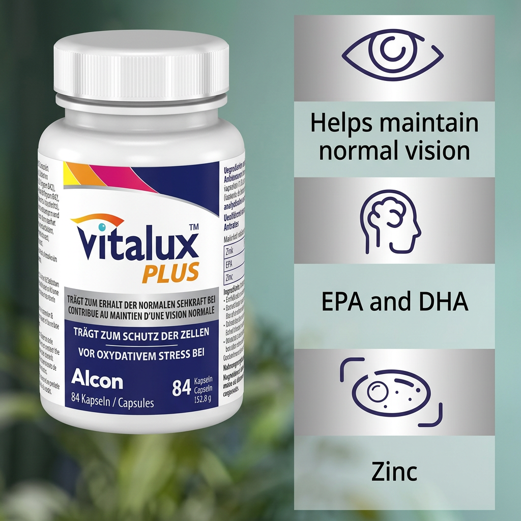 A bottle of Vitalux Plus supplements by Alcon shown next to a vertical infographic with icons and text claiming it helps maintain normal vision, contains EPA and DHA, and has zinc.