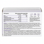 The back of a white cardboard box for a dietary supplement, showing product ingredients, German warnings, and dosage information in black text.
