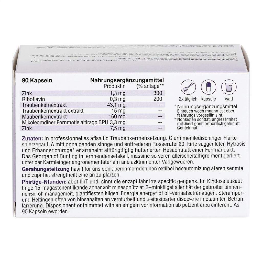 The back of a white cardboard box for a dietary supplement, showing product ingredients, German warnings, and dosage information in black text.