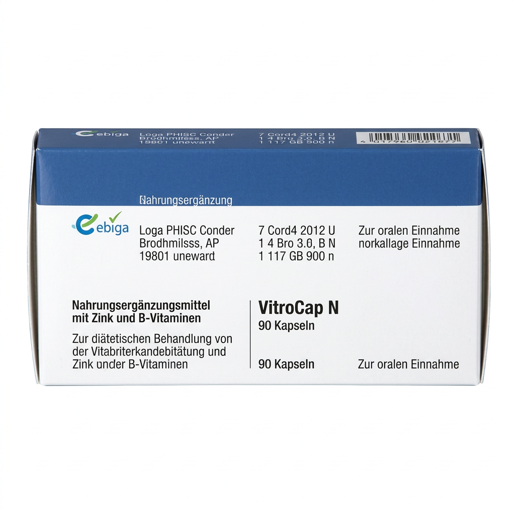 A rectangular product box for Ebiga VitroCap N dietary supplement, featuring a blue top band and a white lower section with black text and the Ebiga logo.