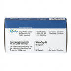 A rectangular product box for Ebiga VitroCap N dietary supplement, featuring a blue top band and a white lower section with black text and the Ebiga logo.