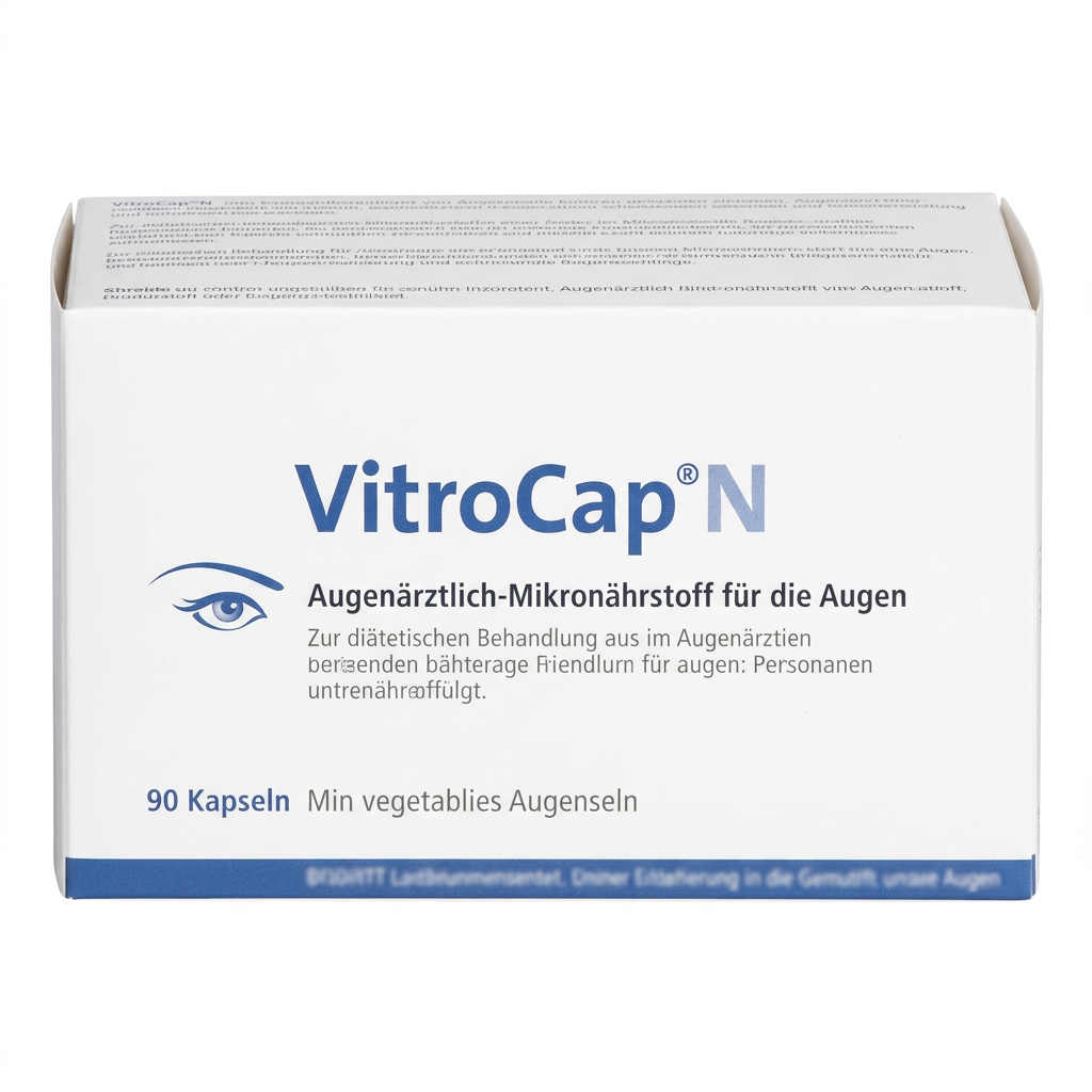 VitroCap N eye supplement box containing 90 capsules, featuring a white box with blue text and branding on a clean white background.