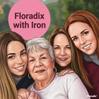 Illustrated family portrait with four women smiling together outdoors, overlaid with a pink circle reading 'Floradix with Iron' and the Floradix logo in the bottom right.