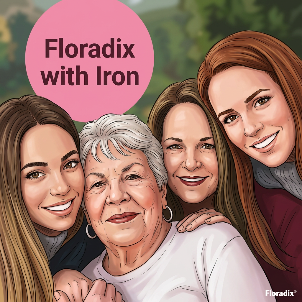 Illustrated family portrait with four women smiling together outdoors, overlaid with a pink circle reading 'Floradix with Iron' and the Floradix logo in the bottom right.