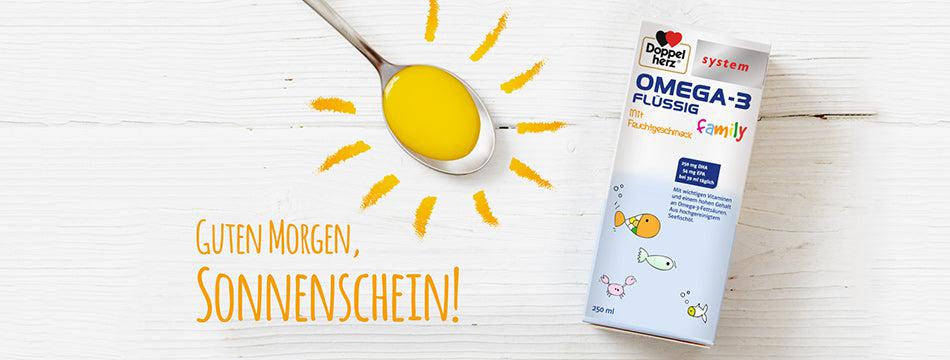 Lifestyle photo showing the package laying on a wood with a tea spoon full of the liquid omega-3 next to it.