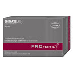A box of Profertil Capsules with 60 capsules, primarily in a purple and gray color scheme with text detailing the product's use for male fertility.