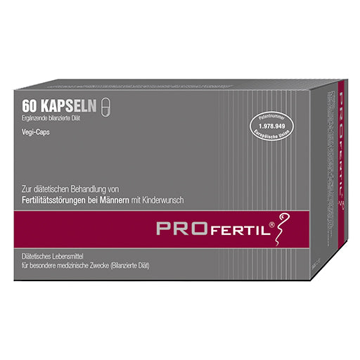 A box of Profertil Capsules with 60 capsules, primarily in a purple and gray color scheme with text detailing the product's use for male fertility.