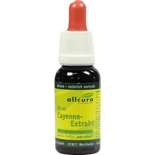 A bottle of Allcura Cayenne Extract with a red dropper tip, labeled 20 ml.