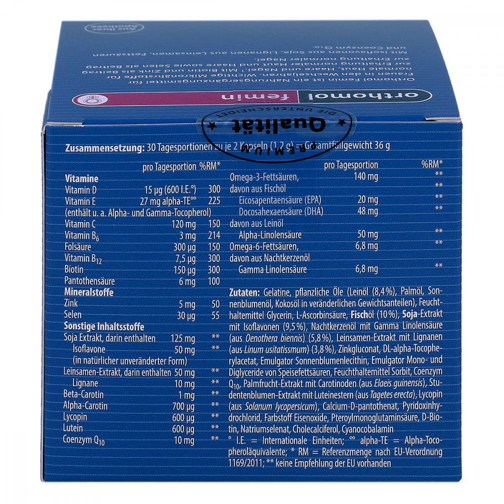 Orthomol Femin - Menopause Supplement 60 capsules for 30 days - back of the package
