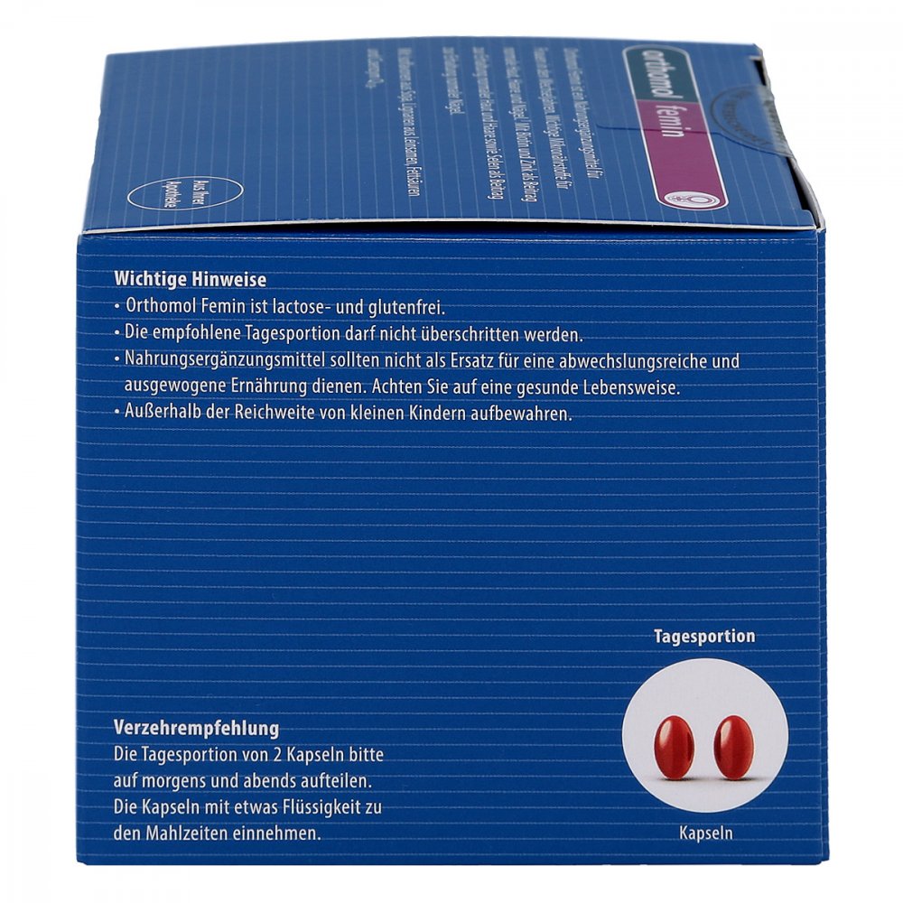 Side of the package showing the consumption recommendation of 2 capsules per day - one cap in the morning and one in the evening