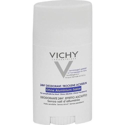 Package of Vichy 24h Deodorant from the front. The package reinforces that the product is formulated without aluminium salts