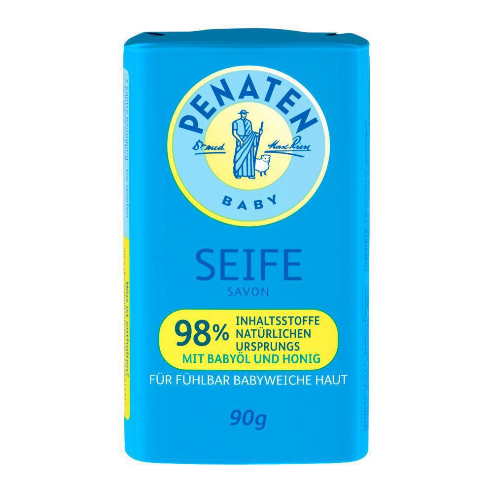 A blue bar of Penaten Baby Soap with the text 'SEIFE' and '98% Naturalkonzentrat' indicating that it is a natural soap with 98% natural ingredients. The packaging also states 'FÜr fur Baby' and 'Hongi', which mean 'For baby' and 'Honey' respectively.