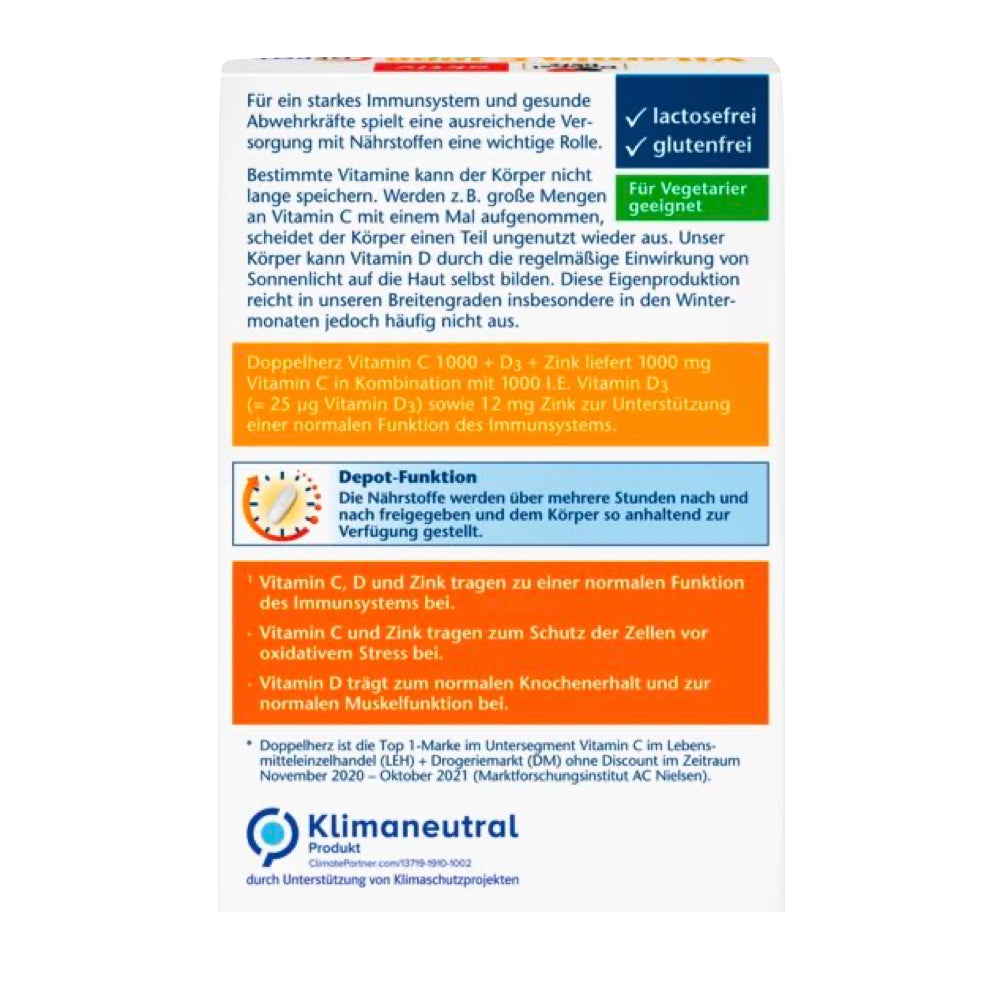 Doppelherz Vitamin C 1000 + D3 + Zinc DEPOT for Immune Support 60 pcs