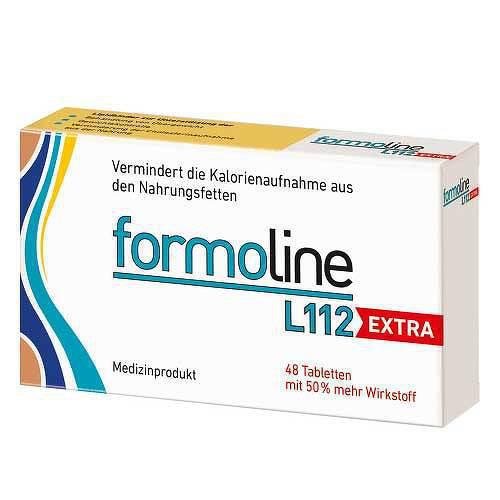 A box of Formoline L112 EXTRA tablets with text detailing the product's application, ingredients, and benefits.