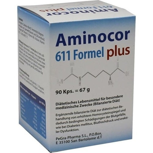 Aminocor 611 Formula Plus serves as a supplementary balanced diet for diet management of increased homocysteine ​​levels and the damage to the blood vessels caused by this, such as in diabetes mellitus, high blood pressure and erectile dysfunction. Folic acid, B6 and B12 as well as L-arginine work synergistically. 