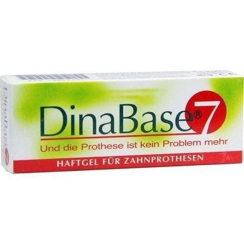 Package of Arando Ohg Dinabase 7 Adhesive Gel For Dental Prostheses. The tagline on the carton box is "and the dental prostheses is no problem anymore."