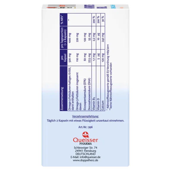 Doppelherz System Antarctic Krill Capsules contain a special combination of calcium, vitamin D and B1, plus a high concentration of omega-3 fatty acids from krill. These krill omega-3s are aided by phospholipids to facilitate better absorption than fish oil. Astaxanthin gives the oil its recognizable red hue. The product provides support to the heart, bones, muscles, immune system, and nerves, while being lactose and gluten free.
