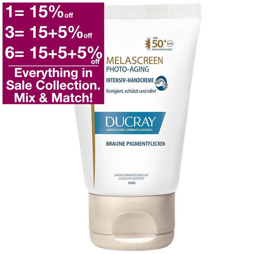 Discover Ducray Melascreen Photo-Aging Hand Cream SPF 50+: the perfect choice for skin experiencing signs of light-induced aging. Its active ingredients like hyaluronic acid and L-White ® Complex (SymWhite ®, D-Lentigo ®) will reduce the appearance of pigmentation, wrinkles, and loss of elasticity, while its patented filter system offers UVA and UVB protection so no one can guess your age.