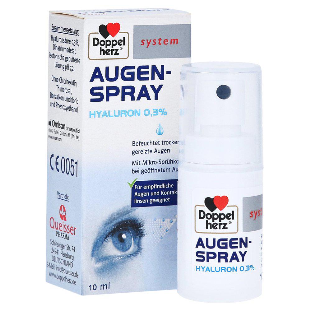 Carton box package and the spray bottle of Doppelherz Eye-Spray with 0.3% hyaluronic acid 