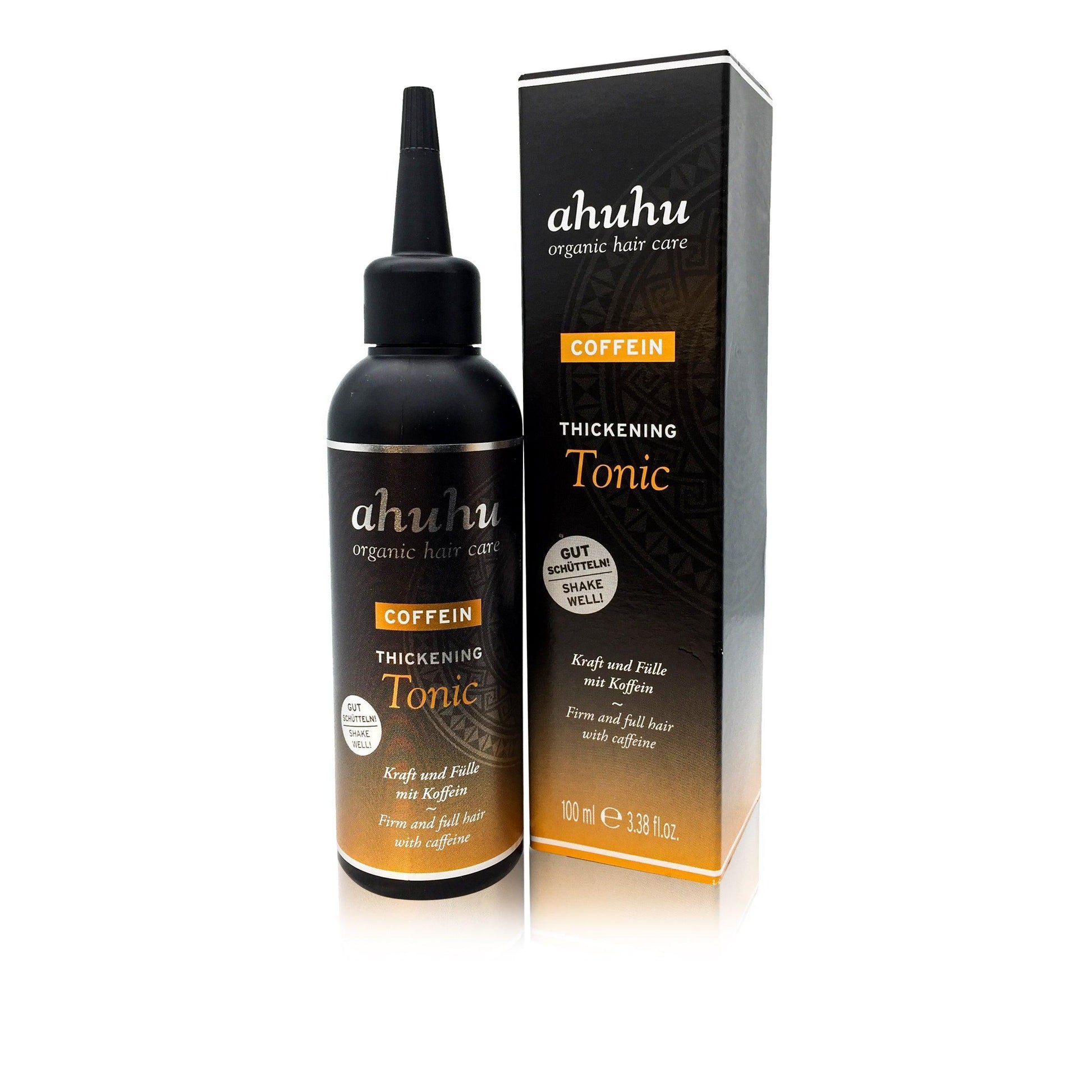 ahuhu Coffein Thickening Tonic 100 ml - the bottle has an applicator at the top for targeted application on the scalp