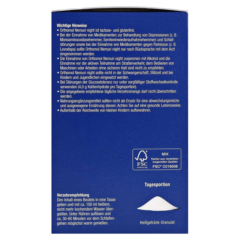 Orthomol Nemuri is lactose- and gluten-free. Take the contents of one sachet in  cup of hot water. Dissolve it while stirring.