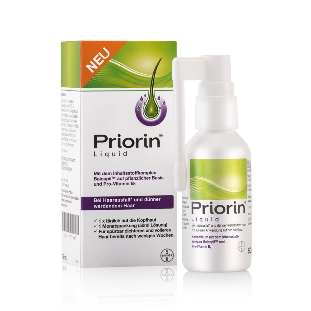 Bayer Priorin Liquid 50 ml - outside carton box and bottle, highlighting that within few weeks the hair becomes significantly denser and gets more volume