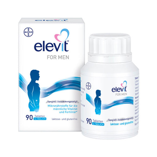 Bayer Elevit for men . carton box standing next to the tablets jar