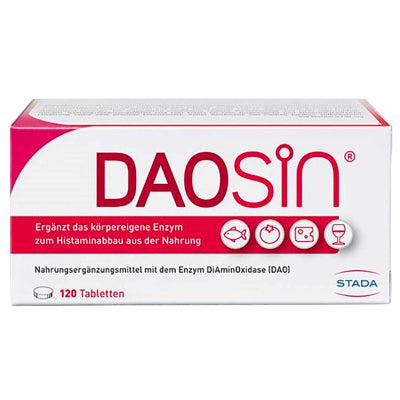 Carton box package of Daosin tablets, reinforcing that the product supplements the body's own enzyme for the breakdown of histamine from food