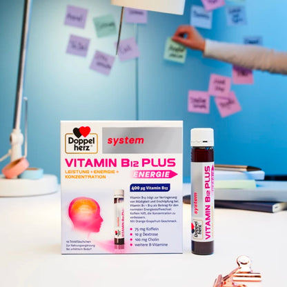 Doppelherz Vitamin B12 Plus standing on an office desk