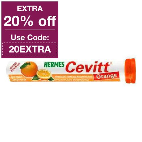 With 1000 mg vitamin C in each effervescent tablets, Hermes Cevitt Orange Effervescent Tablets in classic package is easy to dissolve in water. 
