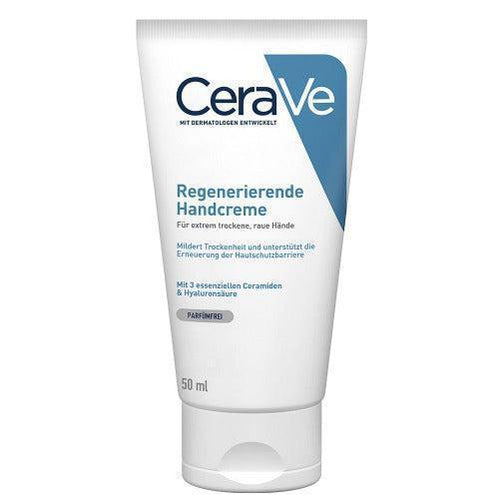 CeraVe Regenerative Hand Cream  The quickly absorbed, non-greasy cream with 3 essential ceramides and hyaluronic acid provides moisture all day long - for healthy-looking and soft hands, also suitable for dry skin and neurodermatitis. Without perfume.