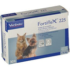 Box of Fortiflex 225 chewable tablets for pets, featuring images of a dog and a cat on the front, with text detailing product information.